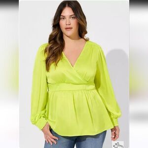 Torrid Satin Surplice Tie Cut Out Back Long Sleeve Blouse
